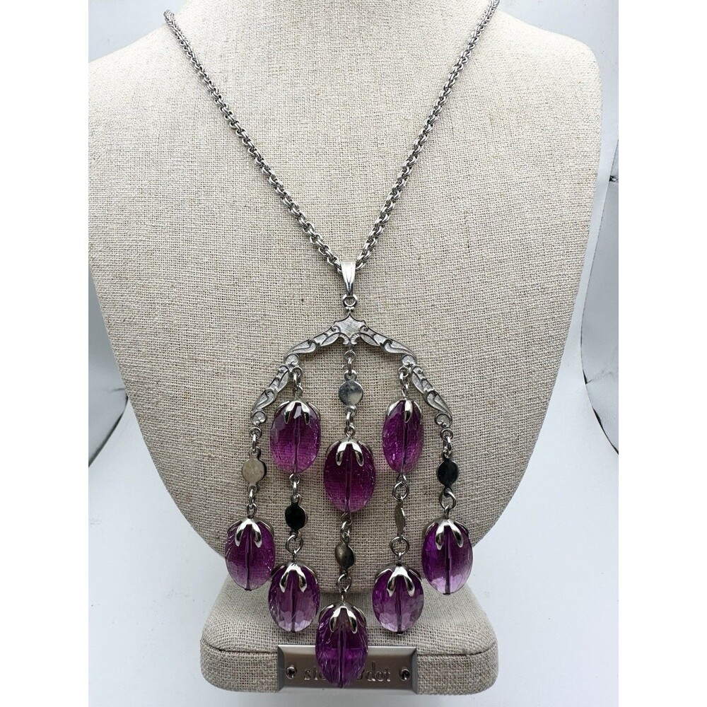 Vintage Sarah Coventry purple drop dangle pendant chain necklace 24" long